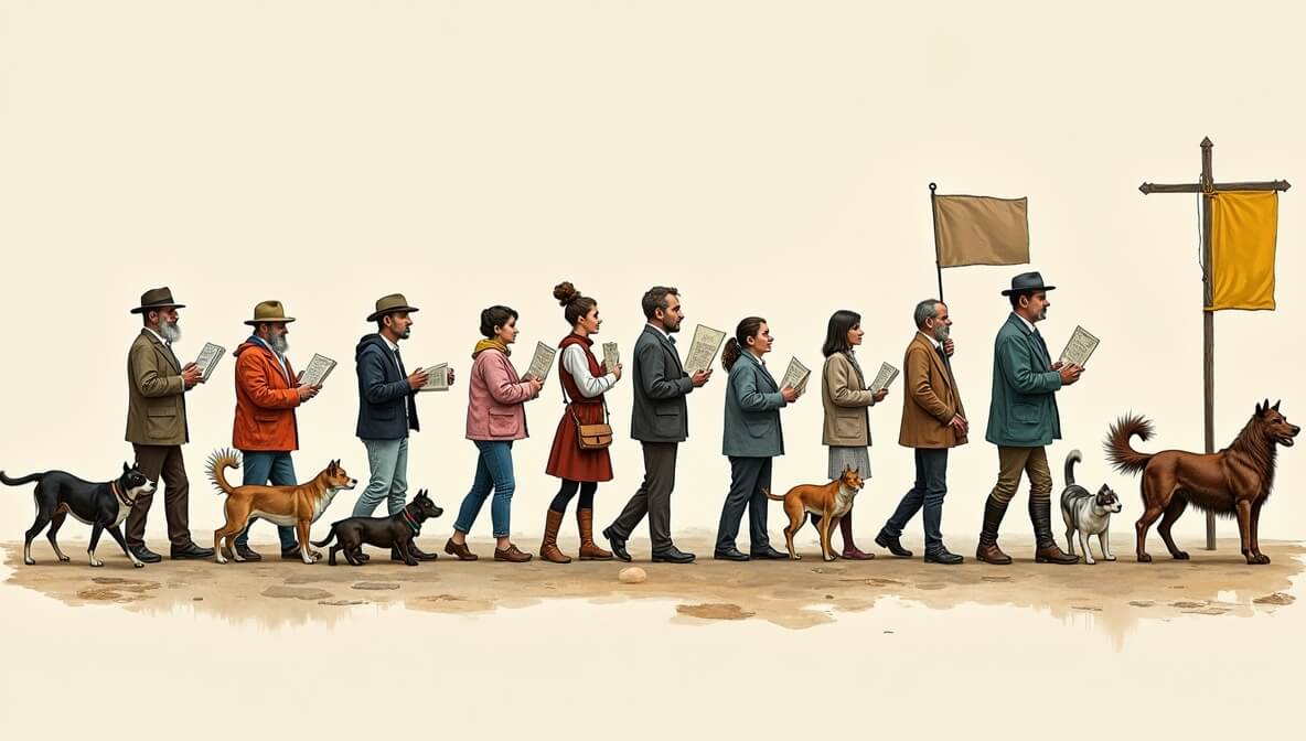 Timeline illustration of animal welfare movements showing historic activists, protests, and modern global animal rights campaigns.