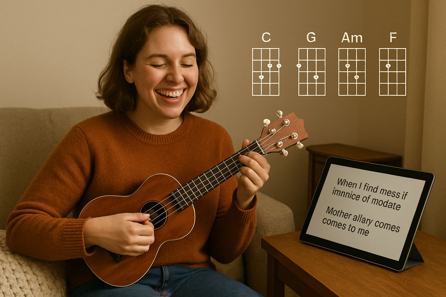 Beginner playing easy ukulele songs with chord charts and lyrics displayed on a tablet nearby.