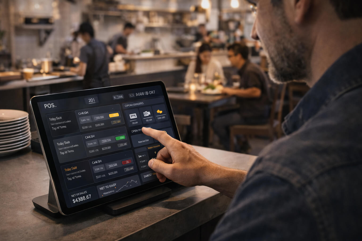 Small restaurant owner using a modern POS system to manage orders and payments in 2026.