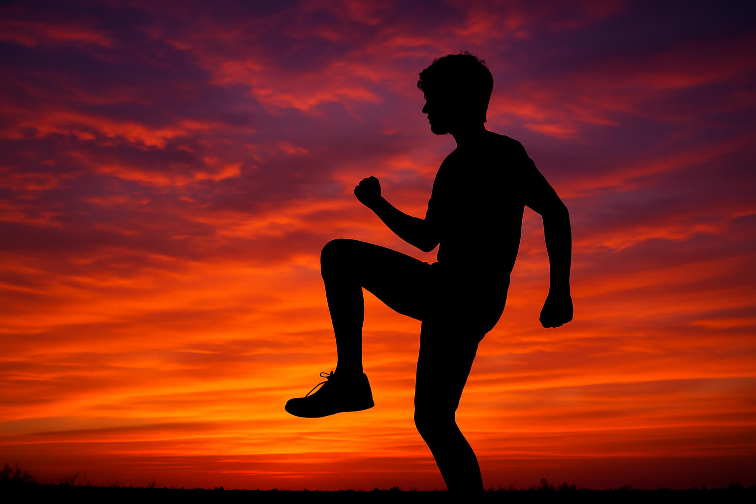 Silhouette of a person standing against a vibrant sunset sky, with rich orange and pink hues, showcasing the contrast between dark subject and glowing background.