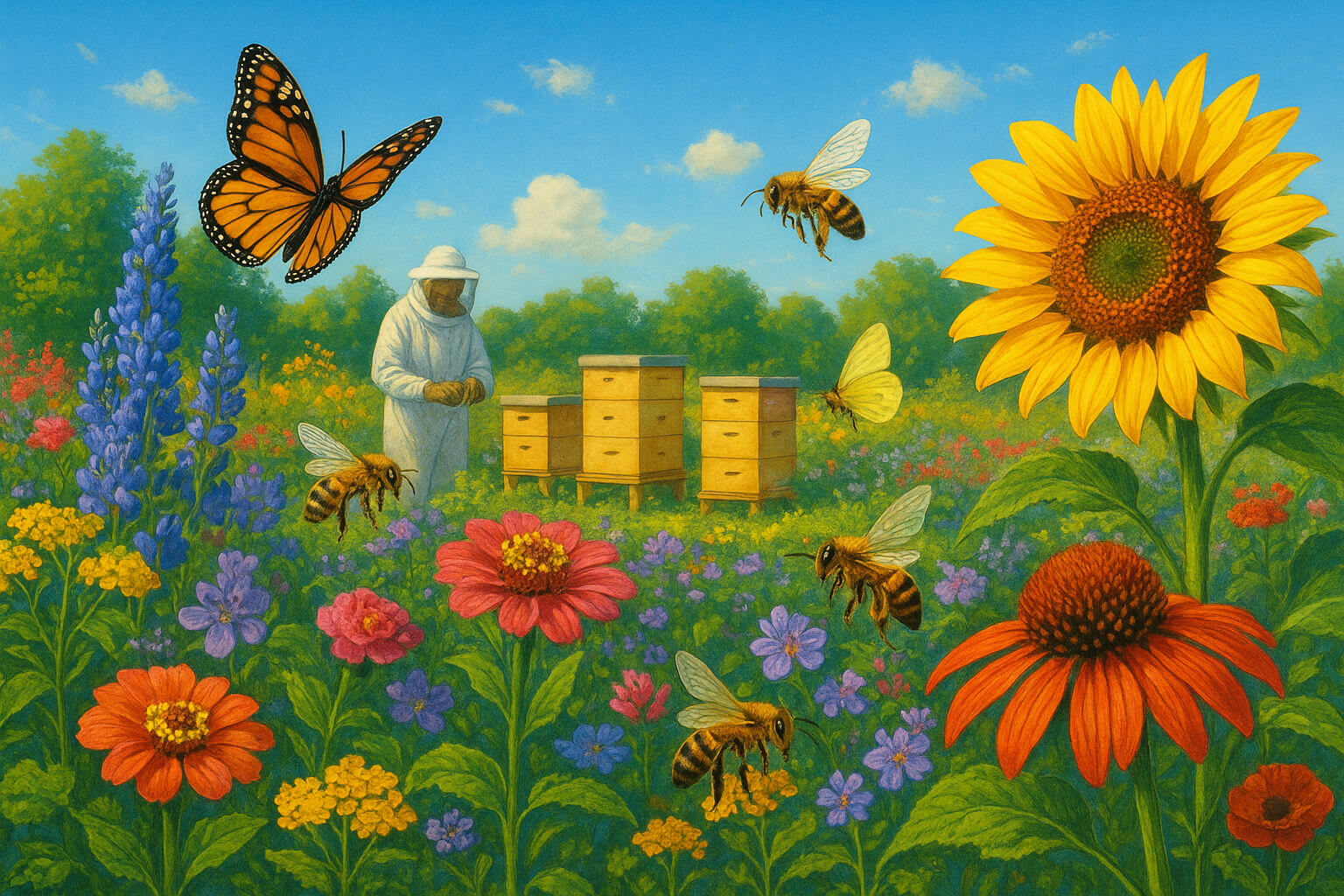 Bees and butterflies pollinating a colorful garden with a beekeeper tending hives in the background.