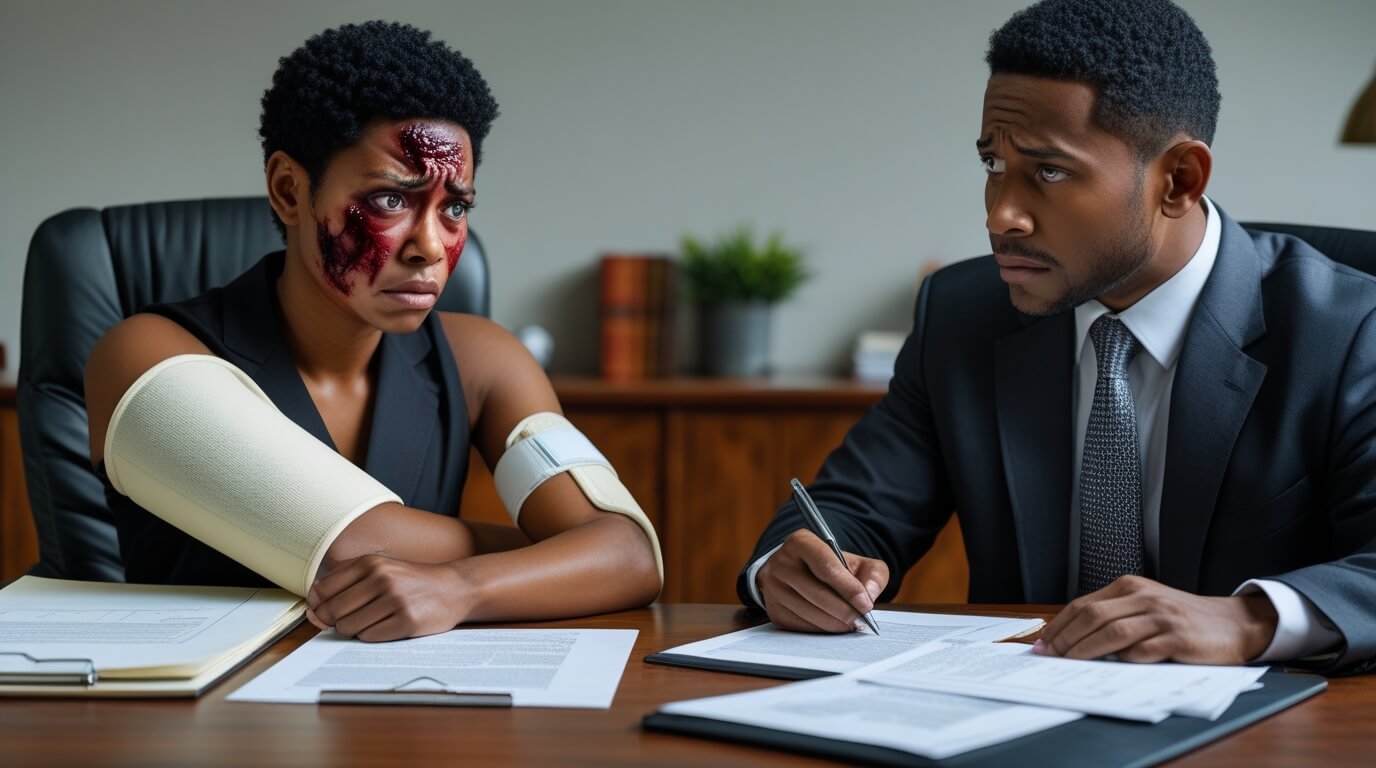 Client with arm in a sling meeting personal injury lawyer during first consultation.