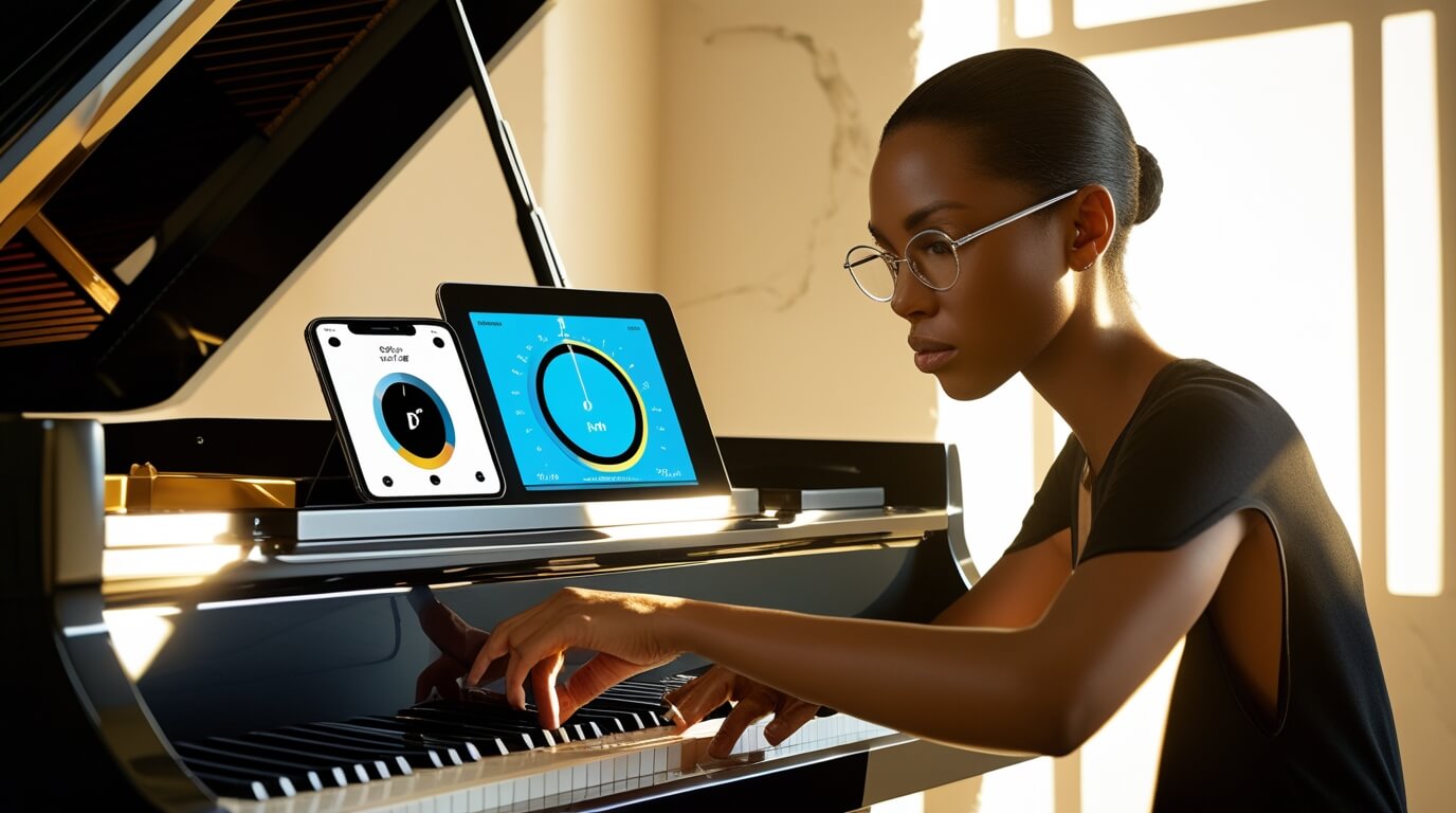 Musician adjusting master tuning on a digital piano while checking pitch with a tuner app.