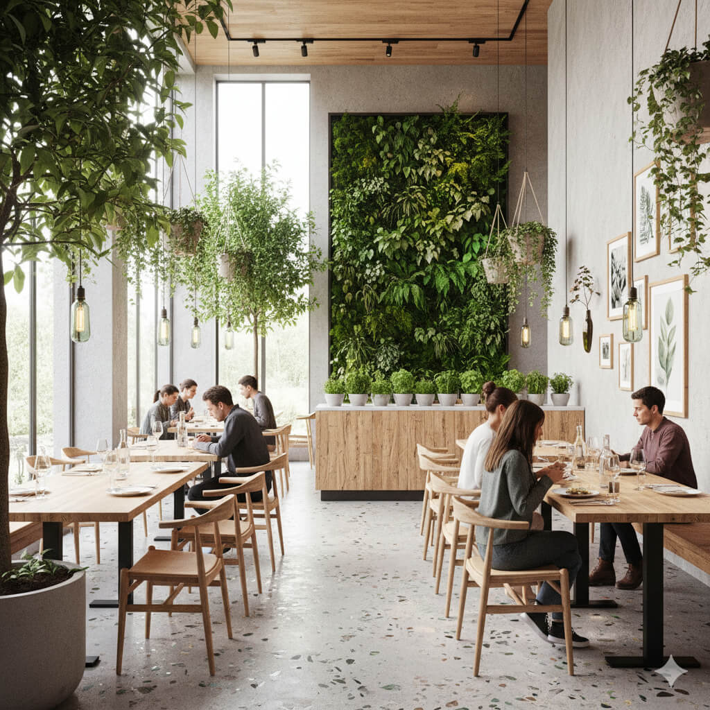 Eco-friendly restaurant interior with natural lighting, bamboo furniture, and indoor plants showcasing sustainable design.