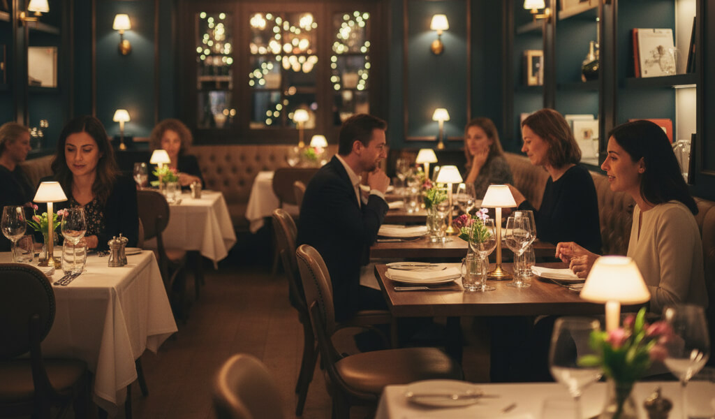 Elegant restaurant interior with warm lighting showing how ambience shapes diners’ food perception and experience.