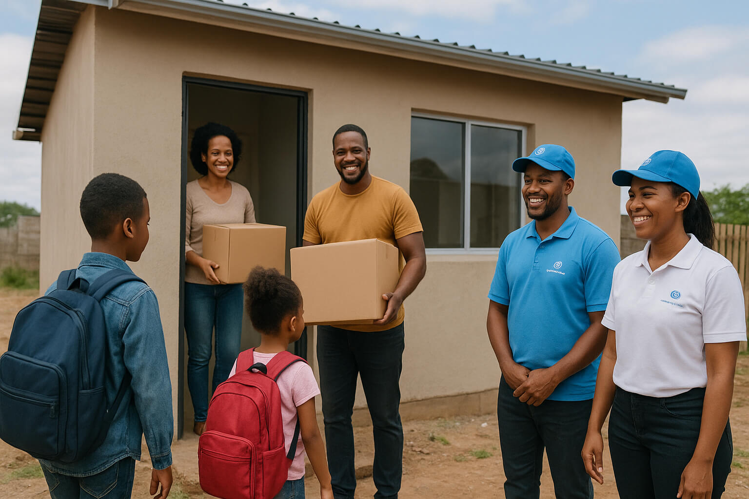 A family moving into a new home with children carrying schoolbags, symbolizing hope and escape from poverty.