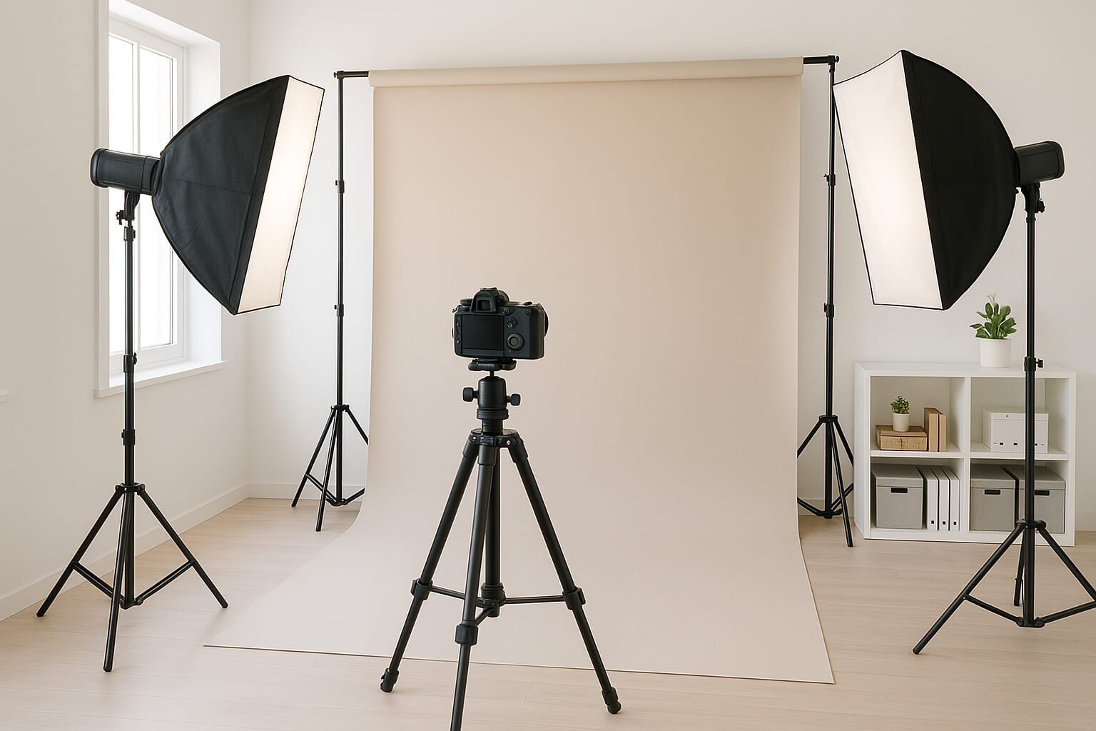 A beautifully lit home photography studio in a small room, showing softbox lighting, a seamless white backdrop, tripod-mounted DSLR, storage shelves, and a window letting in natural light.