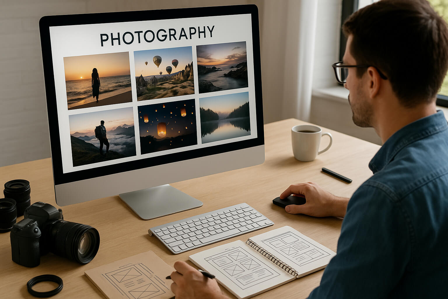 Photographer designing a client-focused photography website with portfolio images and layout sketches on a modern desktop setup.
