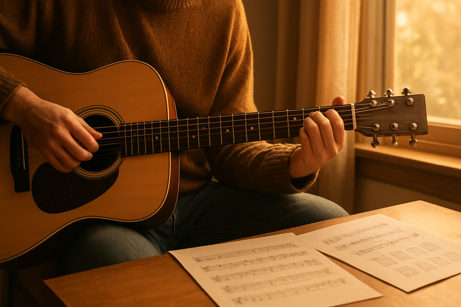 Person playing acoustic guitar in a cozy room with chord charts and music sheets nearby.