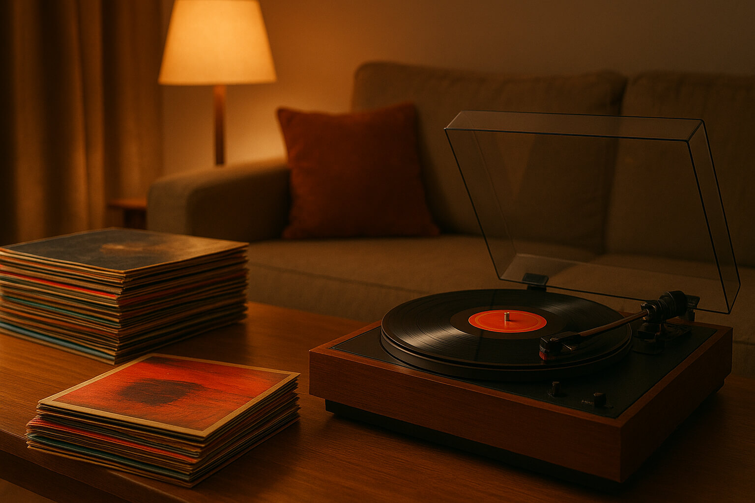 Vinyl record playing on a turntable with album covers scattered nearby.