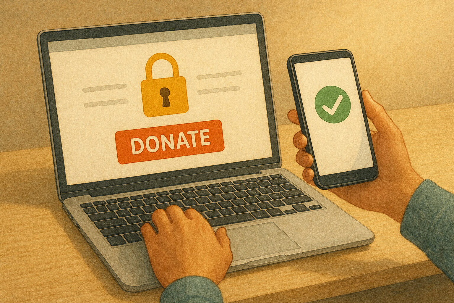 Person making a secure online donation on a laptop with a lock icon representing safe giving practices.