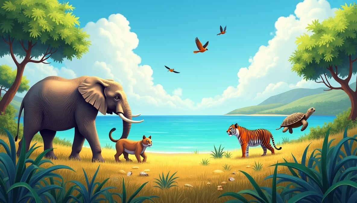 Wildlife conservation scene showing elephants, tigers, sea turtles, and birds thriving in their natural habitats.