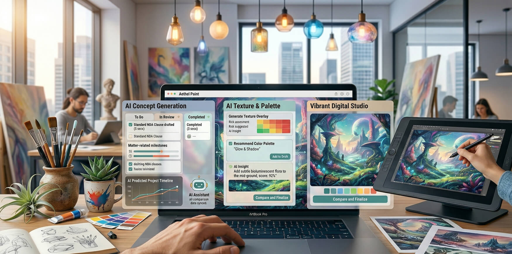 Artist using AI tools to create digital artwork in a modern studio