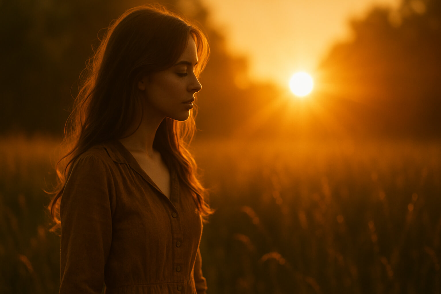 Portrait of a woman at sunset with sun flare and golden background.