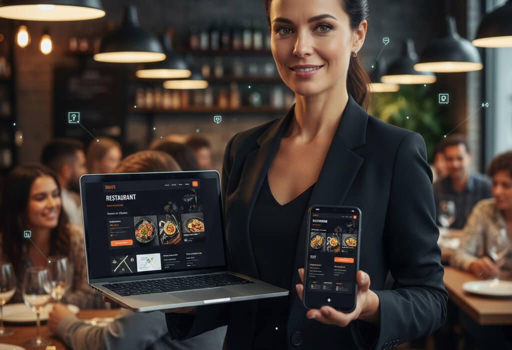 Restaurant owner using a modern website in 2026 to attract diners, bookings, and direct orders.