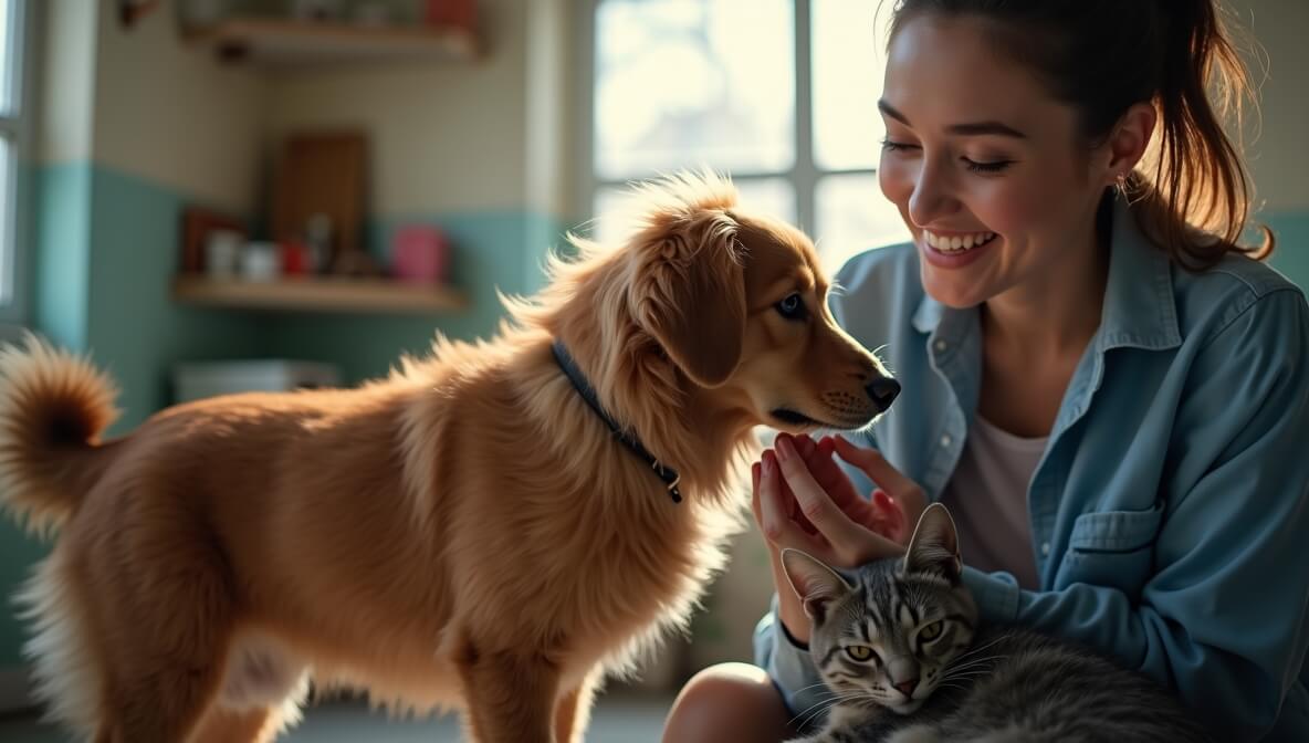 Volunteer comforting a rescued dog and cat at an animal shelter.