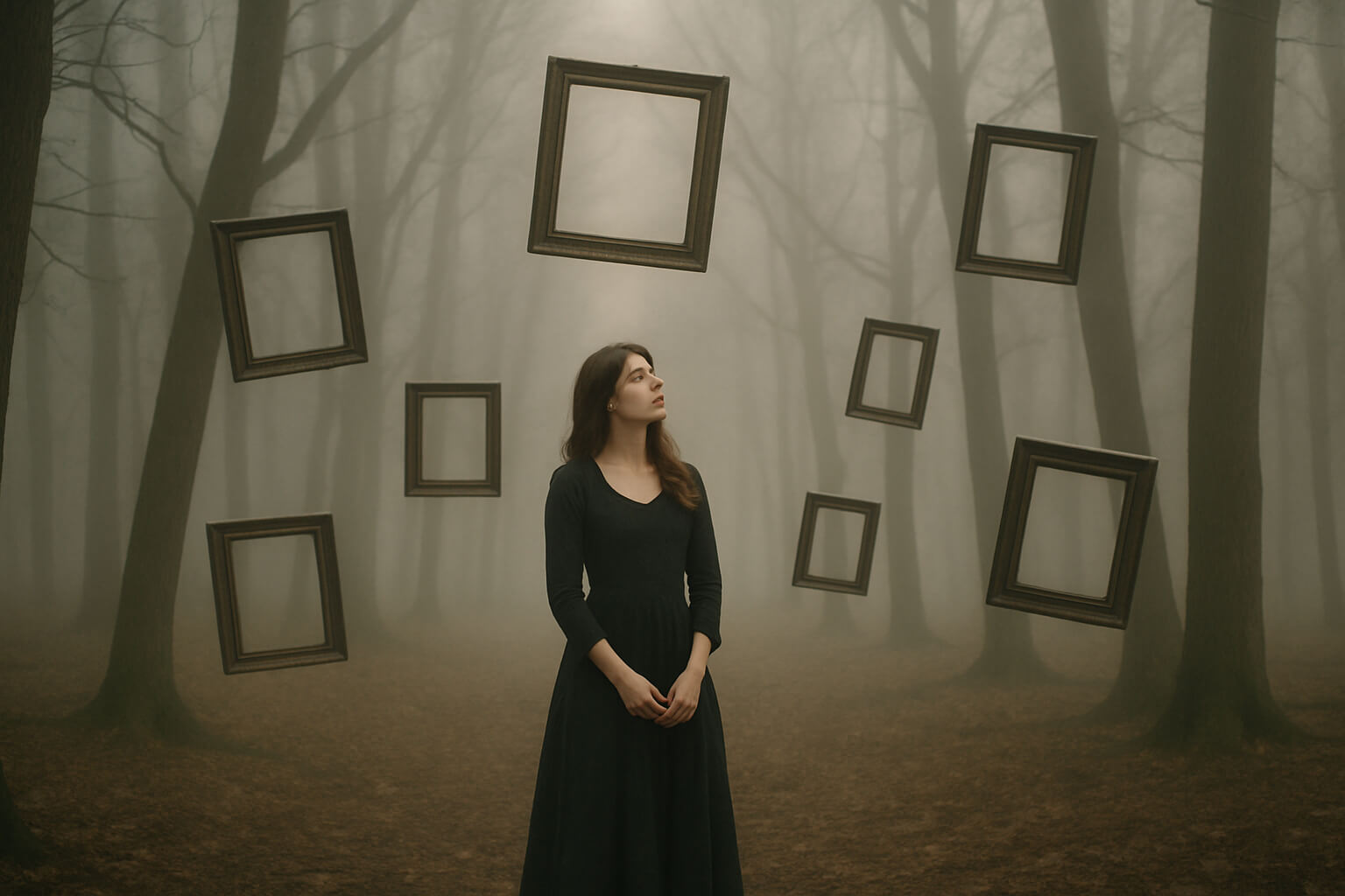 Surreal fine art photo of a woman in a foggy forest with floating frames, representing creativity in photography.