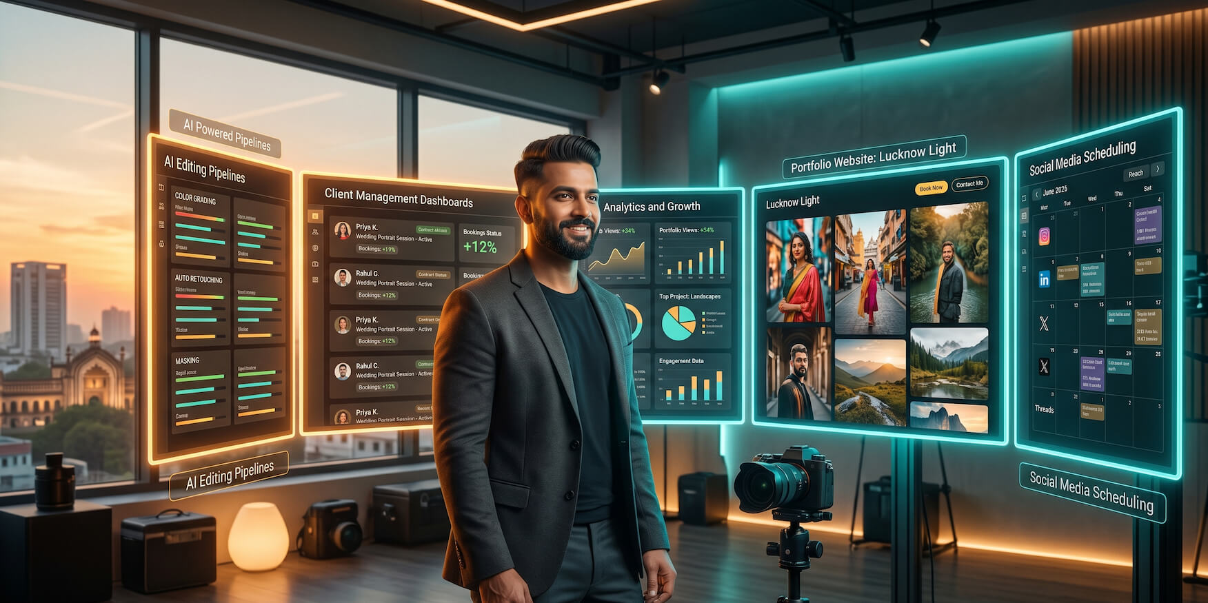 A photographer using AI tools to edit faster, attract clients and grow their photography business in 2026