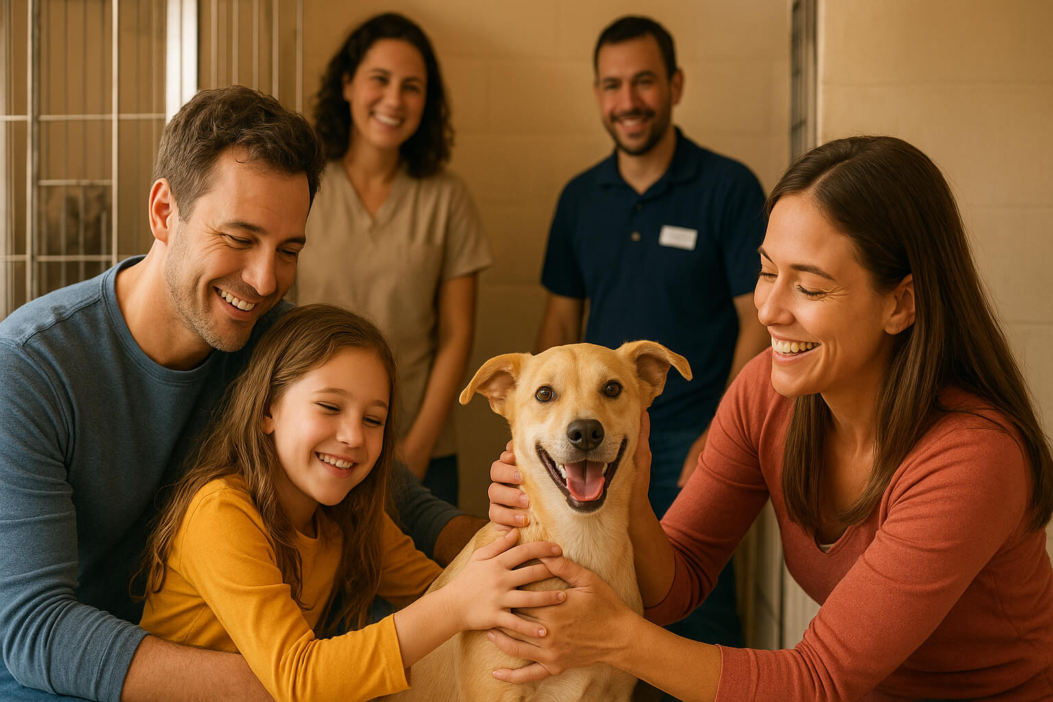Family adopting a rescue dog at an animal shelter with volunteers and cozy kennels in the background.