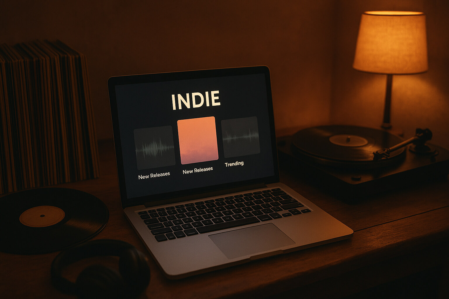 Laptop showing indie music platforms surrounded by vinyl records in a cozy room