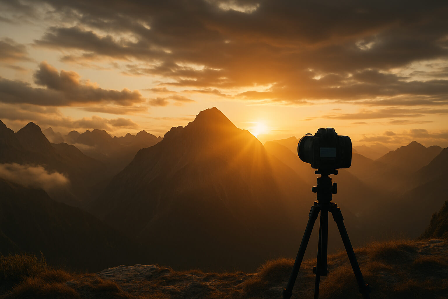 Panoramic photo of a mountain landscape at golden hour, shot with DSLR on tripod