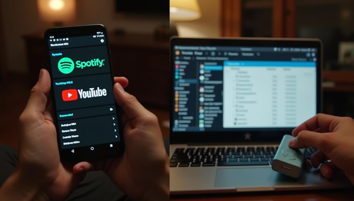 Comparison of streaming apps versus downloaded MP3 music on laptop and smartphone