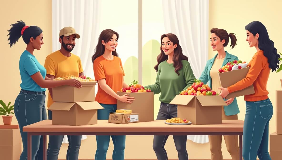 A diverse group of non-profit volunteers packing food and supplies together, symbolizing teamwork, compassion, and community service.