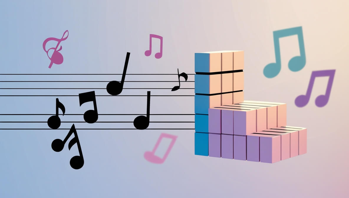 Visual comparison of melody as a flowing single-note line and harmony as stacked chords, illustrating their role in music composition.