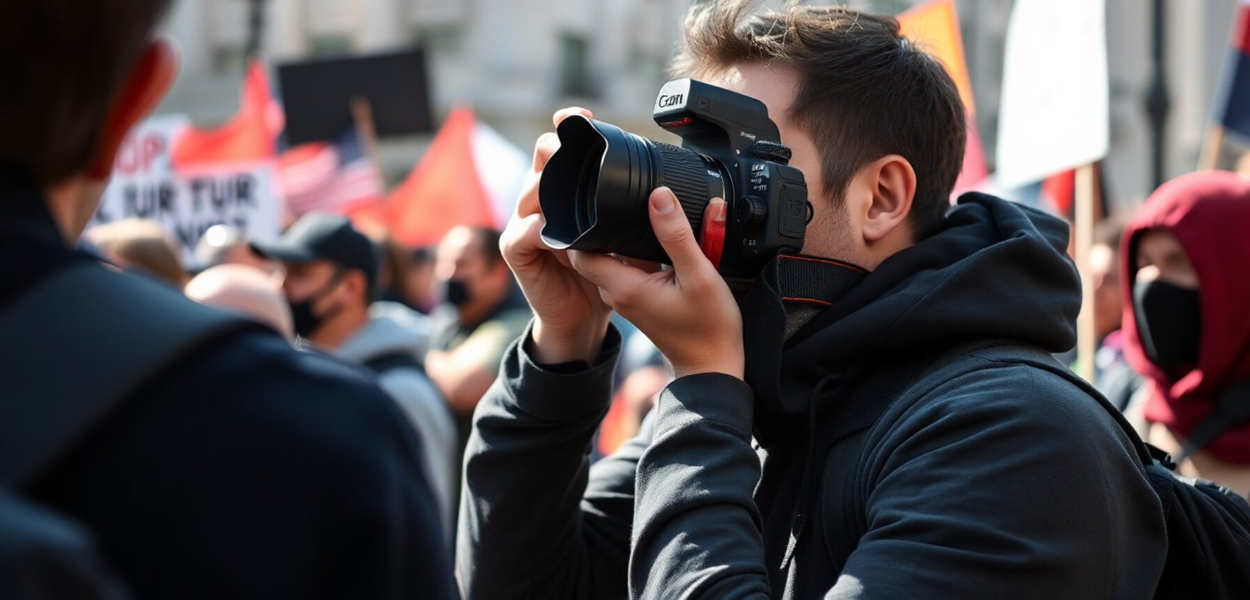 Photojournalist capturing live protest using professional camera in dynamic urban environment.