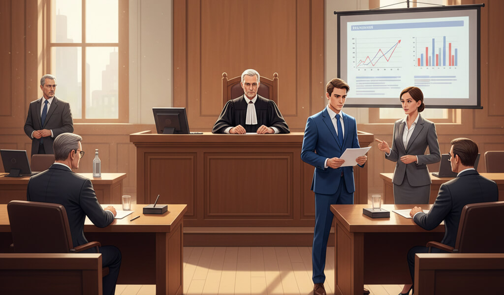 Illustration of a civil lawsuit in a courtroom with a judge, plaintiff, and defendant.