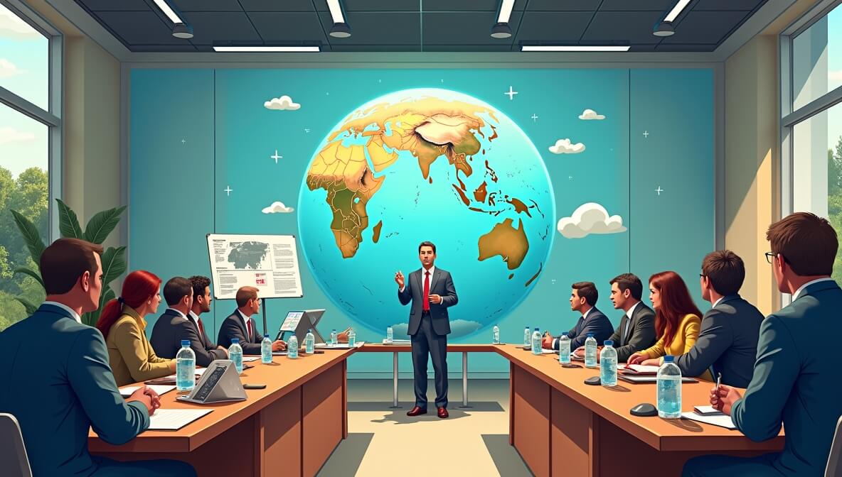 Non-profit representatives presenting climate research to policymakers at an international conference with Earth backdrop and renewable energy visuals.