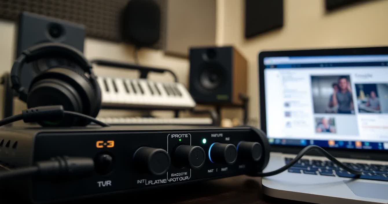 Audio interface connected to laptop in a home recording studio setup