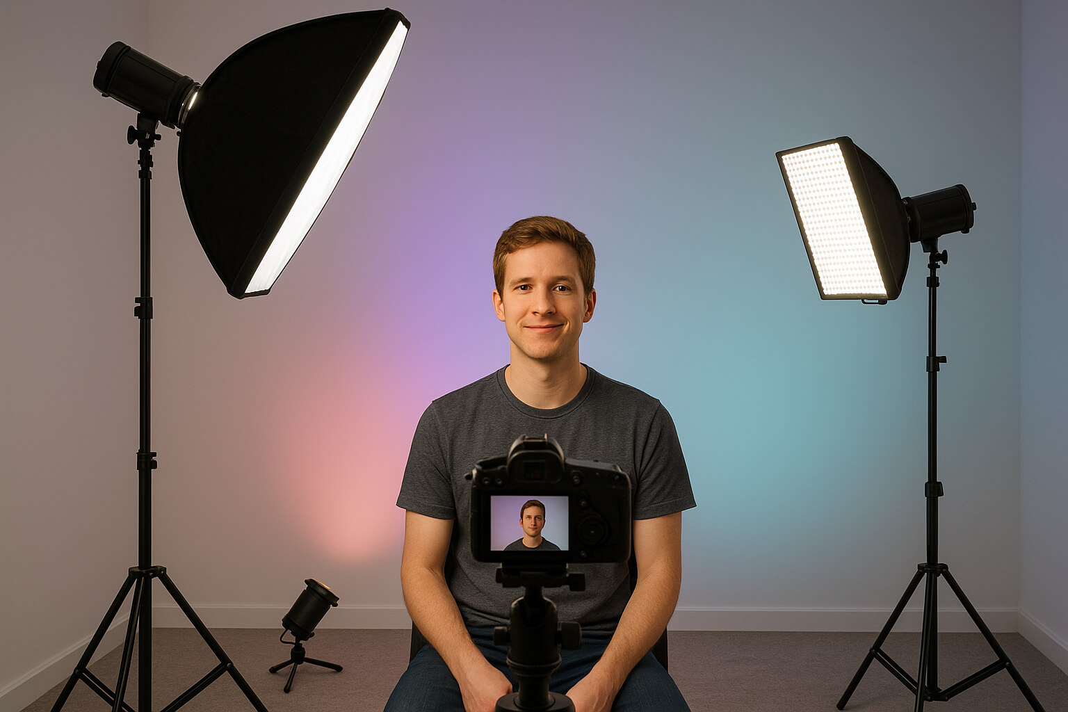 Home studio setup with three-point lighting system, including key light, fill light, and backlight, with a subject illuminated against an RGB-lit background.