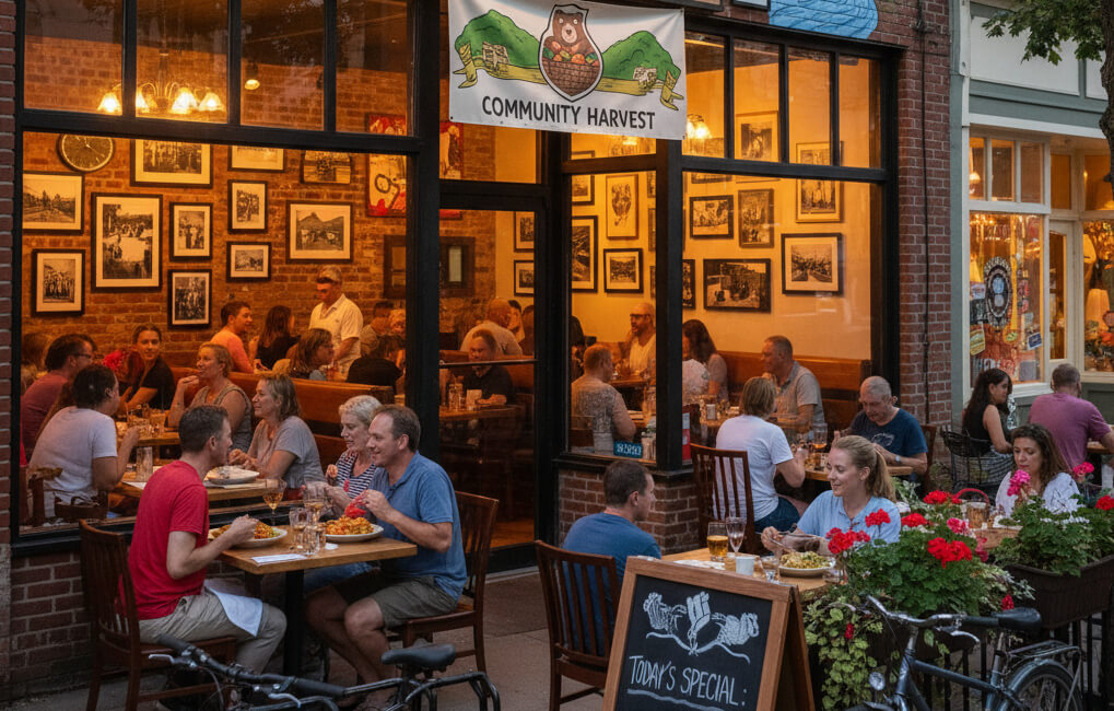 Local restaurant with community-focused branding and customers enjoying food in a welcoming neighborhood setting