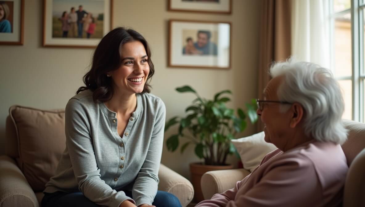 Social worker comforting an elderly person while discussing possible elder abuse.