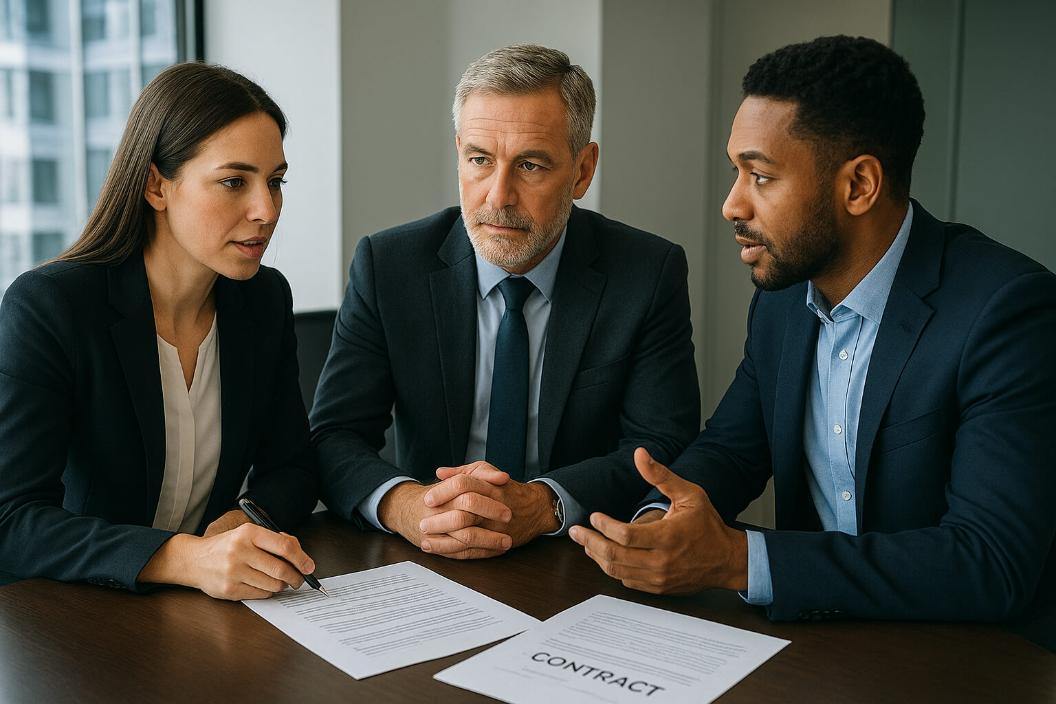 Business partners resolving a dispute through mediation with legal documents on the table.