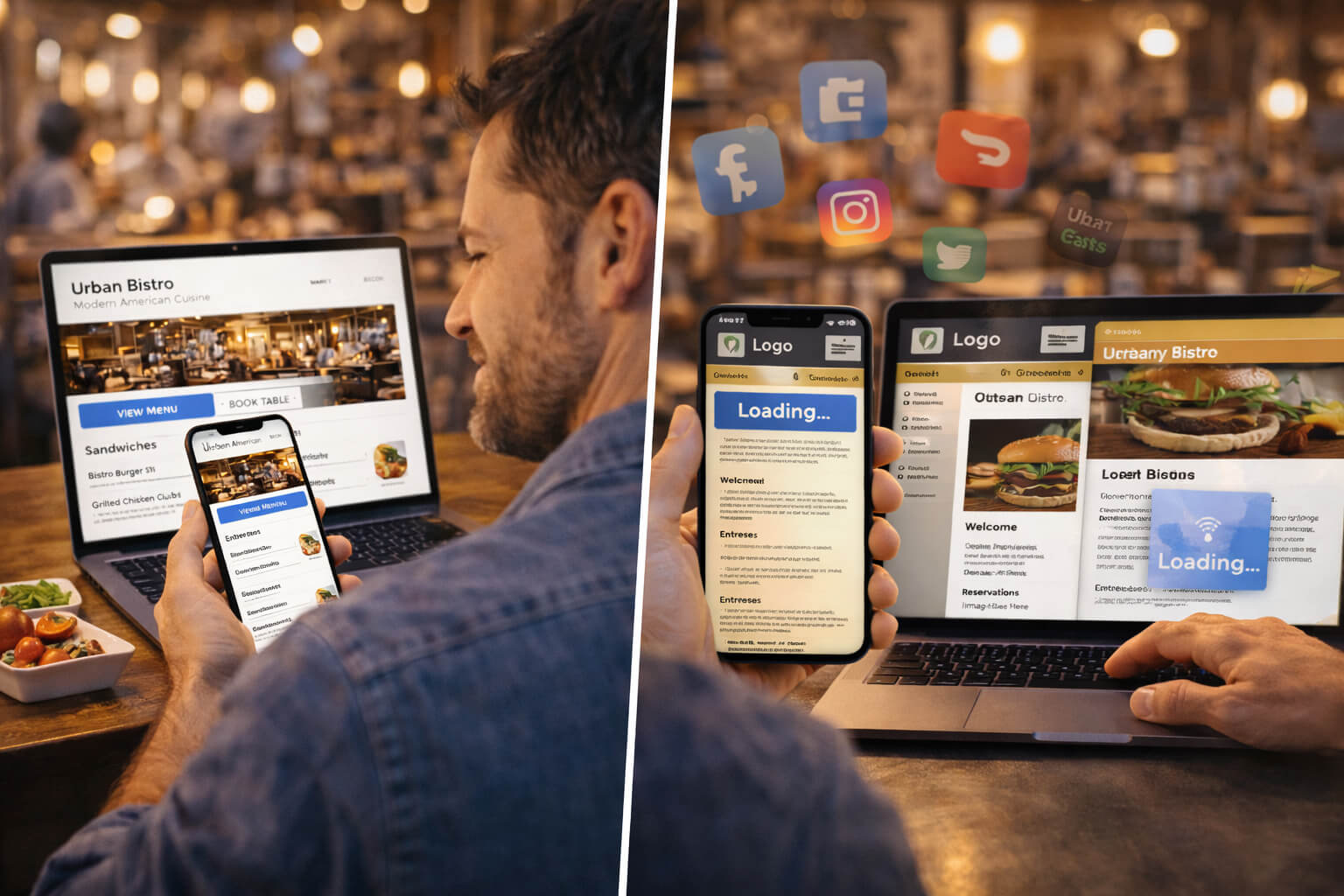 Comparison of two restaurant websites showing how a modern, user-friendly site attracts diners while a poorly designed website loses customers.