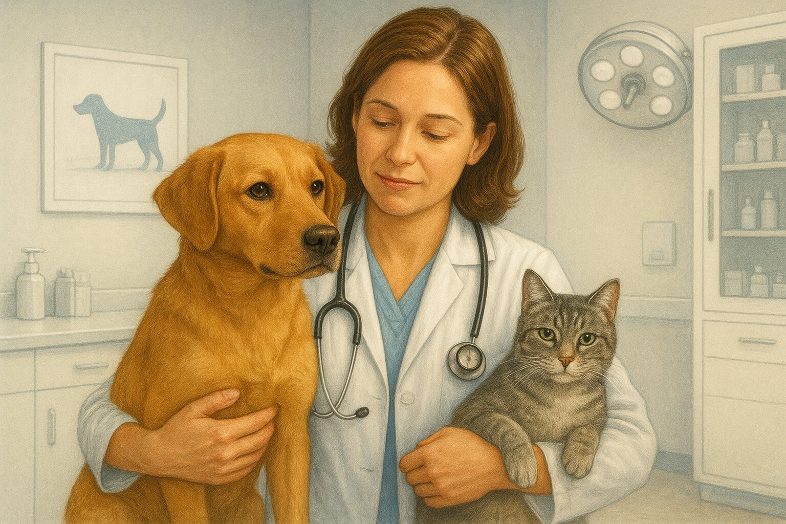 Veterinarian holding a dog and cat after spay/neuter surgery, promoting responsible pet ownership.