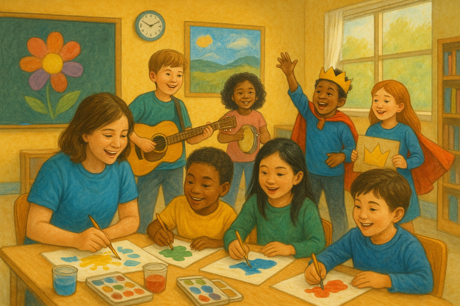 Children engaged in arts education activities like painting, music, and theater, highlighting creativity and development.