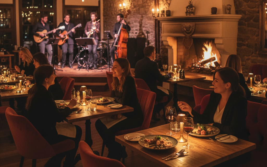 Restaurant interior with diners enjoying meals as soft background music sets a relaxed atmosphere.