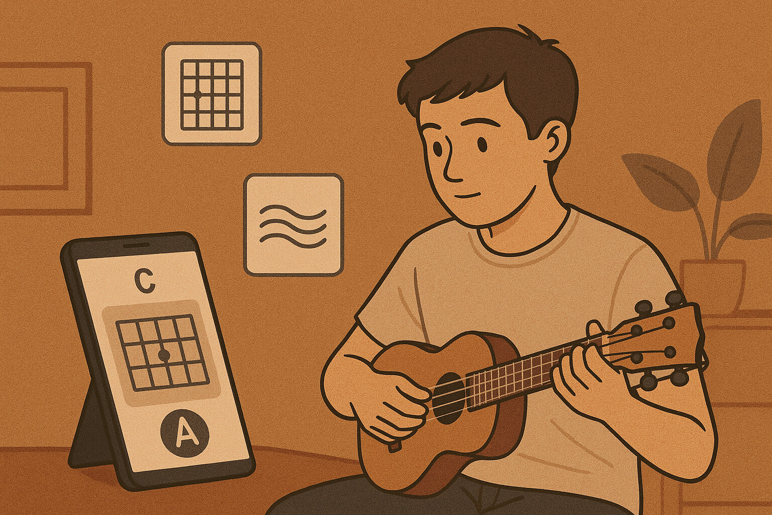 Beginner learning ukulele using free mobile apps with interactive lessons and chord guides, representing top ukulele learning apps in 2025.