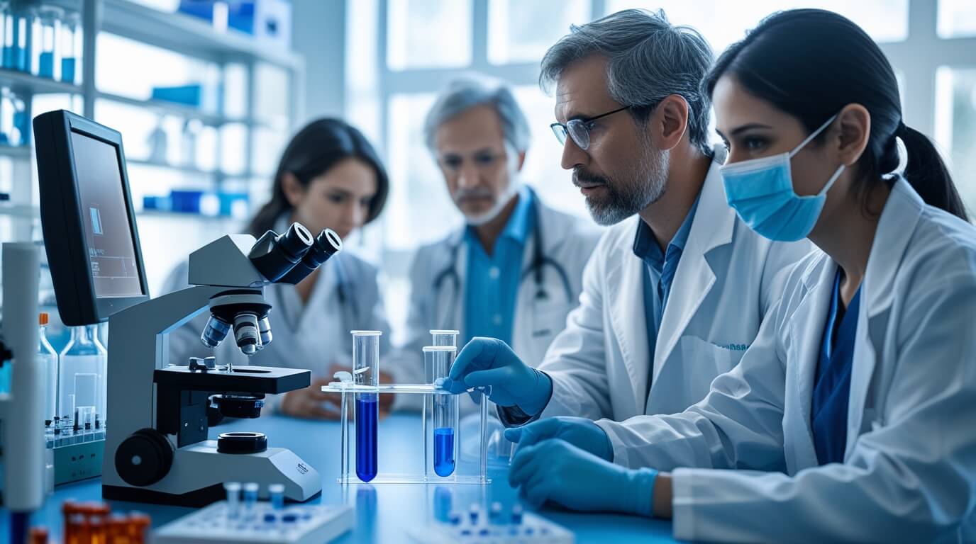 Doctors and scientists conducting medical research in a modern lab, highlighting innovations that improve healthcare and save lives.