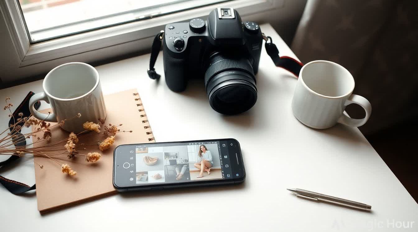 Flat lay photo setup on a white table with props and natural light.