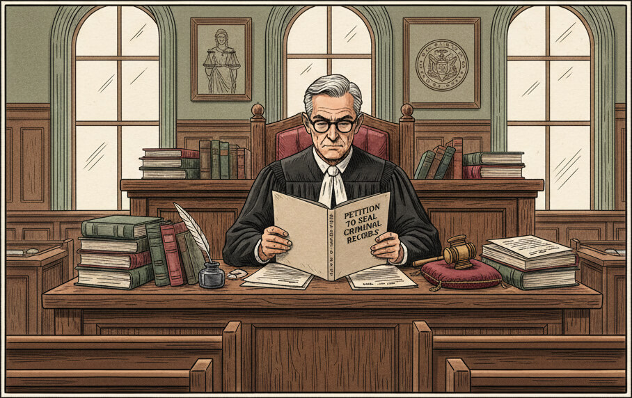Illustration of a judge approving a petition to seal a criminal record in court.
