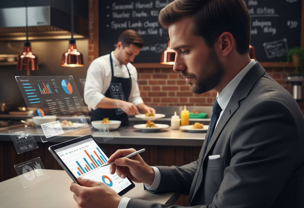 Restaurant manager analyzing menu pricing on a tablet with chef preparing dishes in the background.