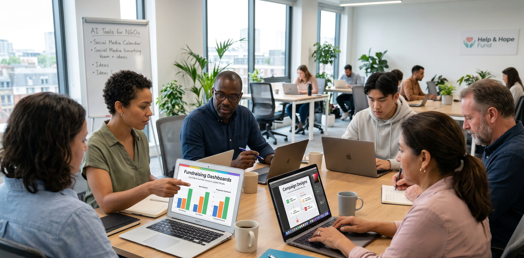 NGO team using free AI tools to manage campaigns and outreach