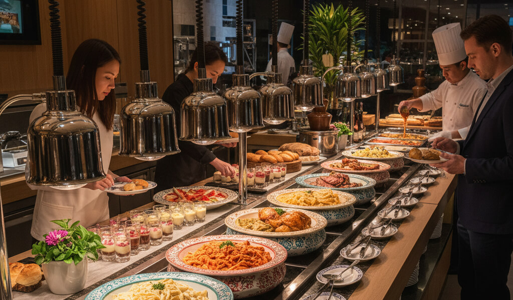 A vibrant all-you-can-eat buffet with a variety of colorful dishes and diners serving themselves, showcasing the psychology and presentation strategy behind buffets.