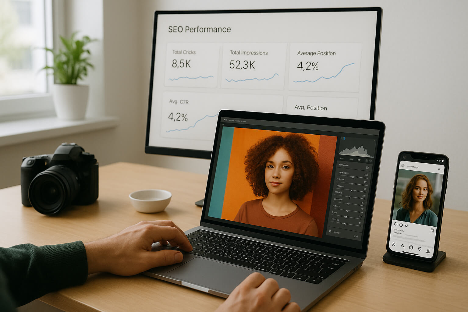 Photographer editing an image for SEO and social media optimization with performance metrics and social preview screens visible.