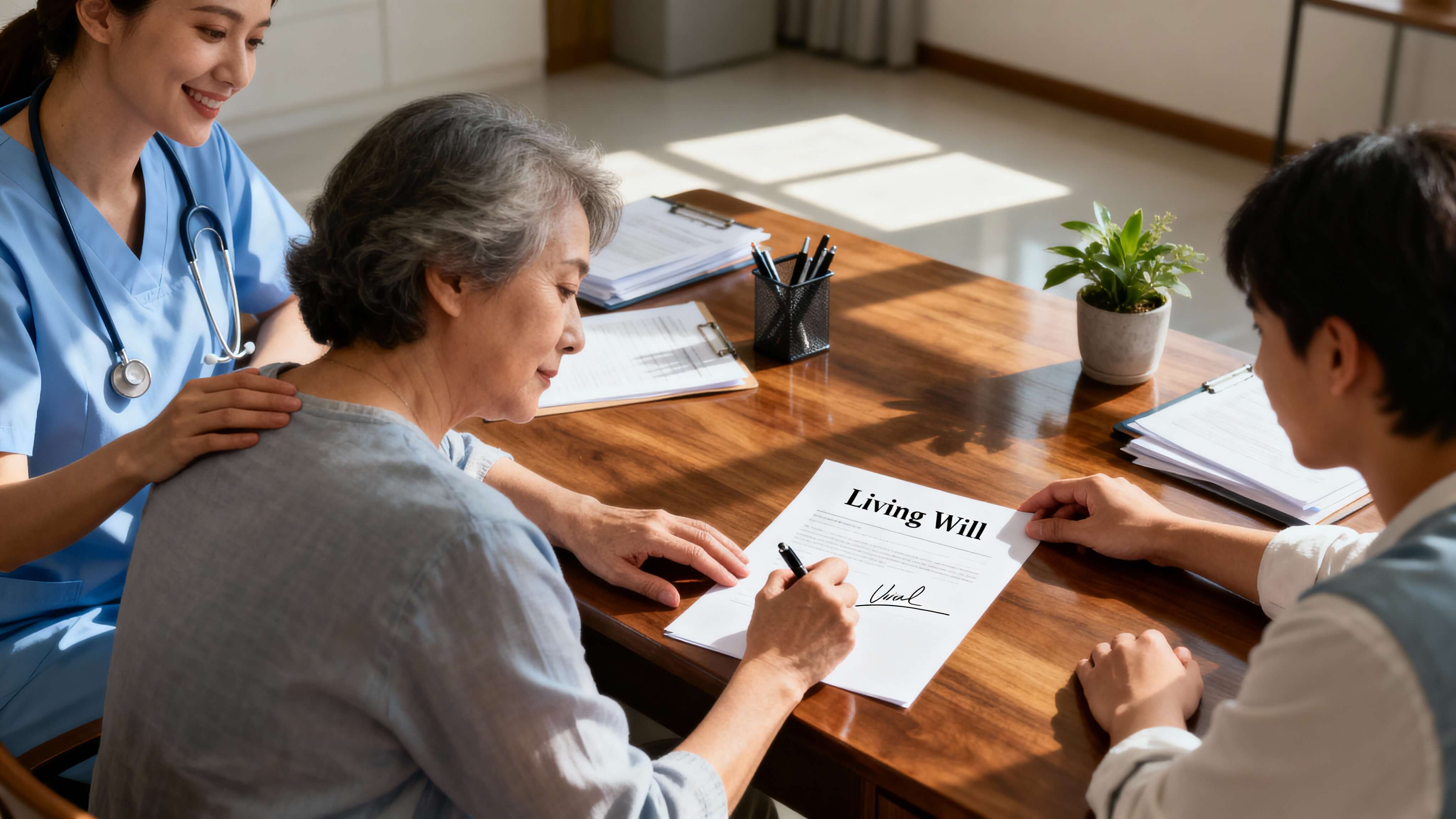 Person signing a living will document with a healthcare professional and family member present.