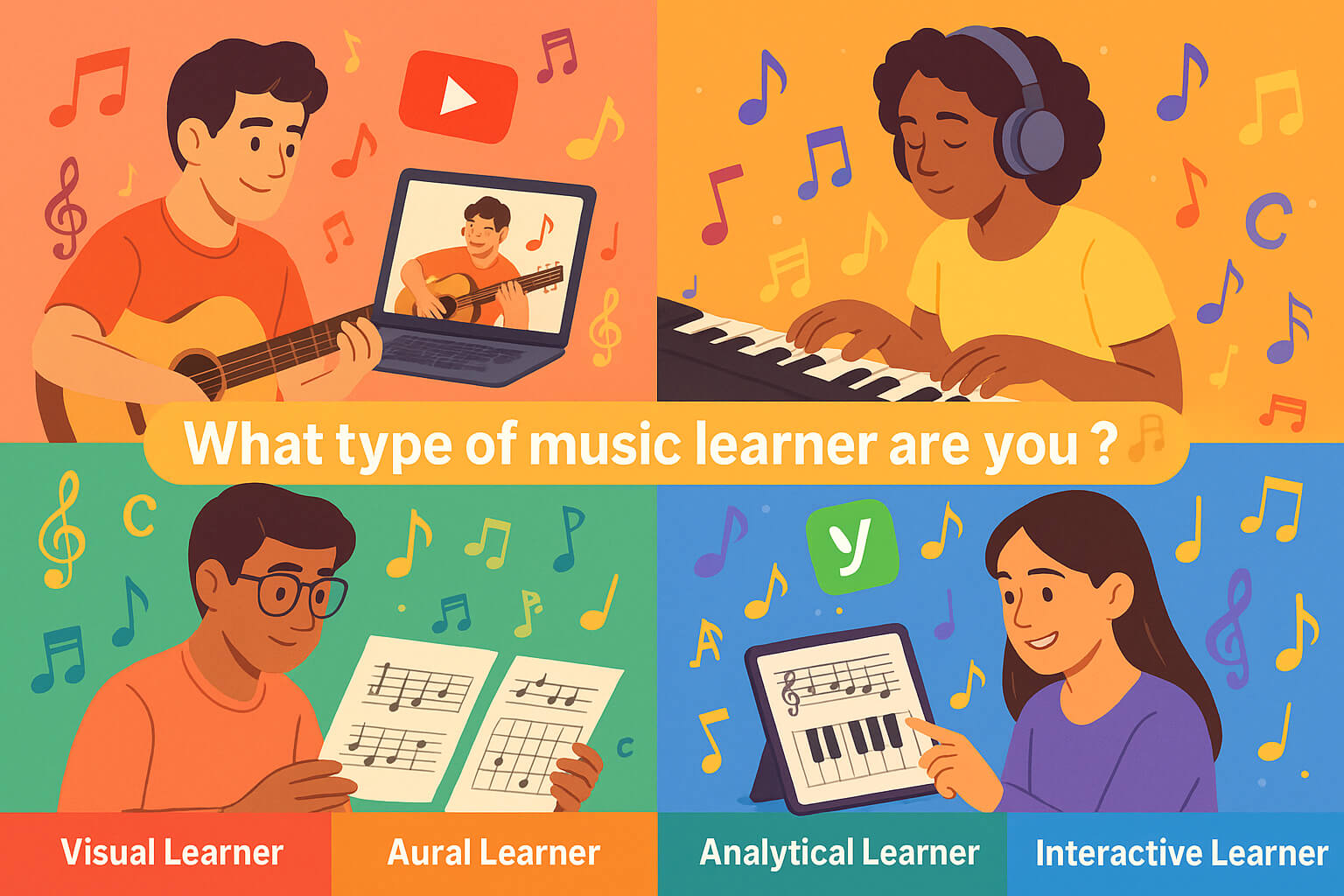 Four musicians representing visual, aural, analytical, and interactive learning styles, each using different tools like YouTube, earphones, theory books, and mobile apps to learn music.